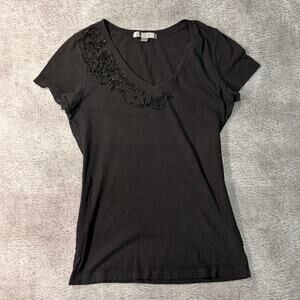 Black Embellished Embroidered Floral Tee Shirt